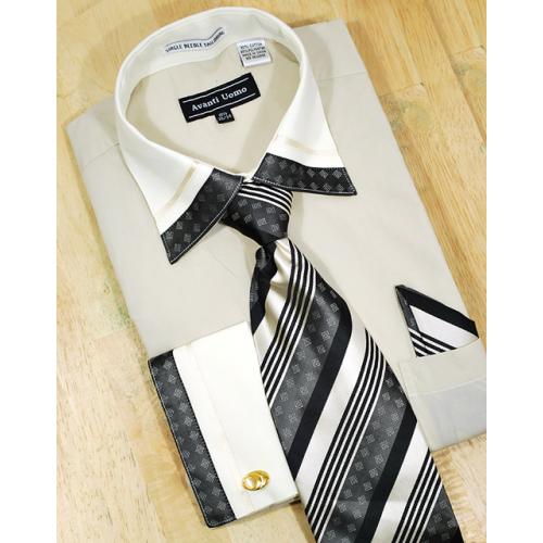 Avanti Uomo Beige / Cream With Embroidered Design Shirt/Tie/Hanky Set DN41M